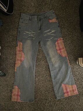 Light Blue Distressed Men's Jeans with Pink Plaid Patch Accents